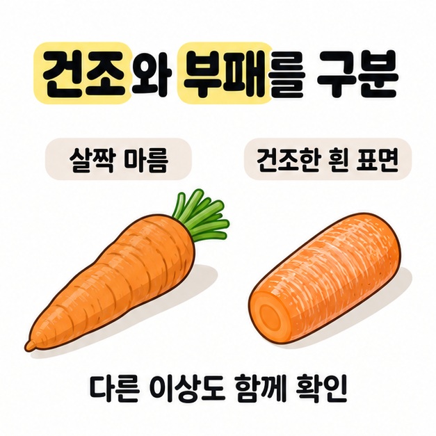 살짝 마른 통당근과 표면이 건조하게 희어진 당근을 나란히 놓고 다른 이상도 함께 확인하도록 안내하는 비교