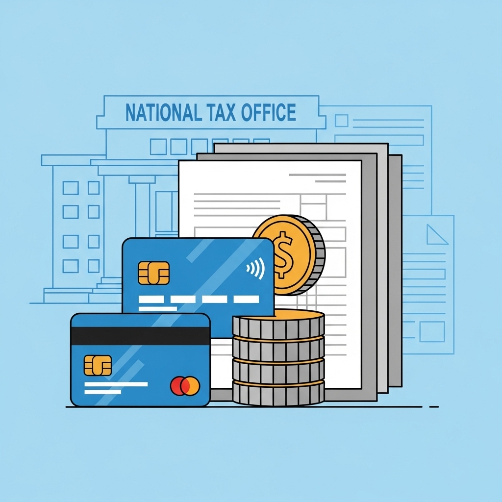 세금 납부 수수료 인하로 절감되는 금액을 상징하는 신용카드와 체크카드, 그리고 줄어드는 돈다발 이미지