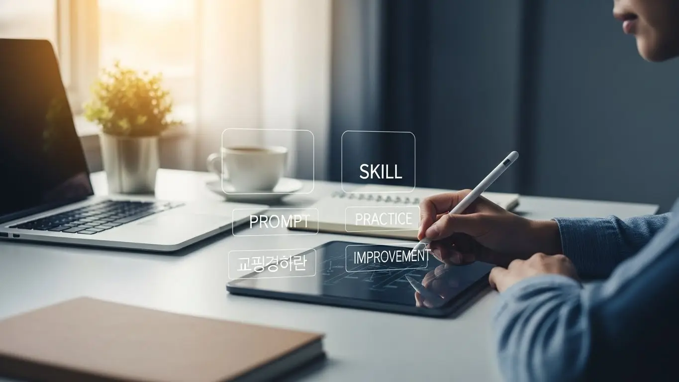 <img src="prompt_skill_strengthening_practice_improvement.webp" alt="프롬프트 역량 강화를 위해 지속적 실천과 개선 과정을 표현한 이미지 입니다">