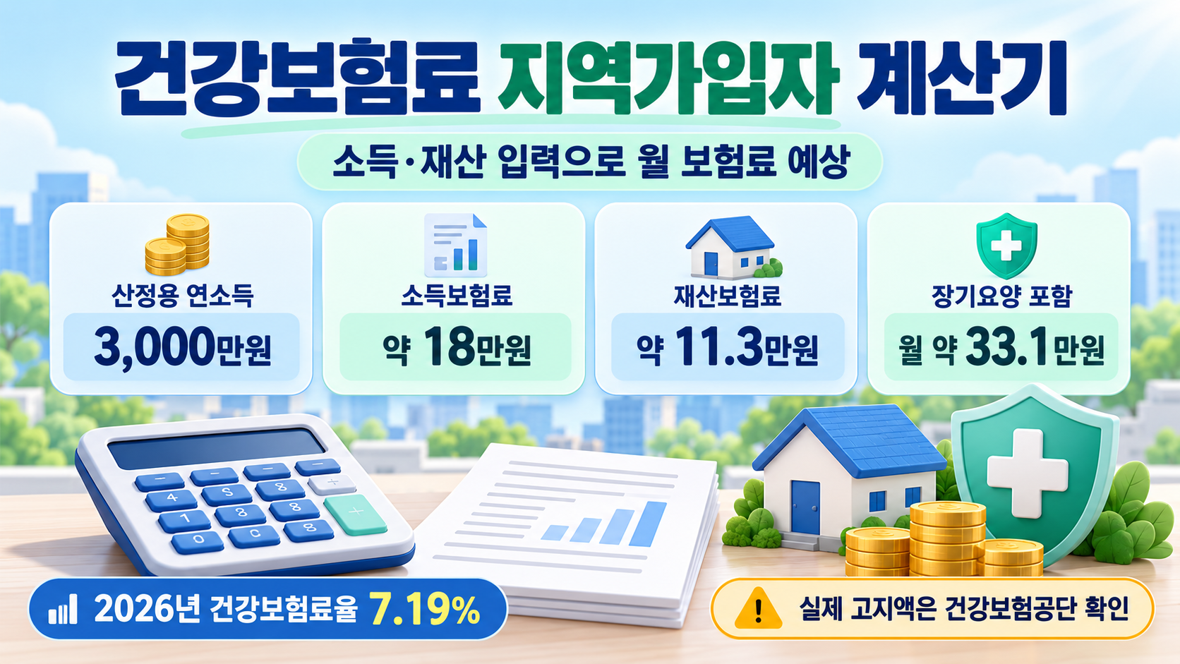 건강보험료 지역가입자 계산기 - 소득·재산 입력으로 월 보험료 예상