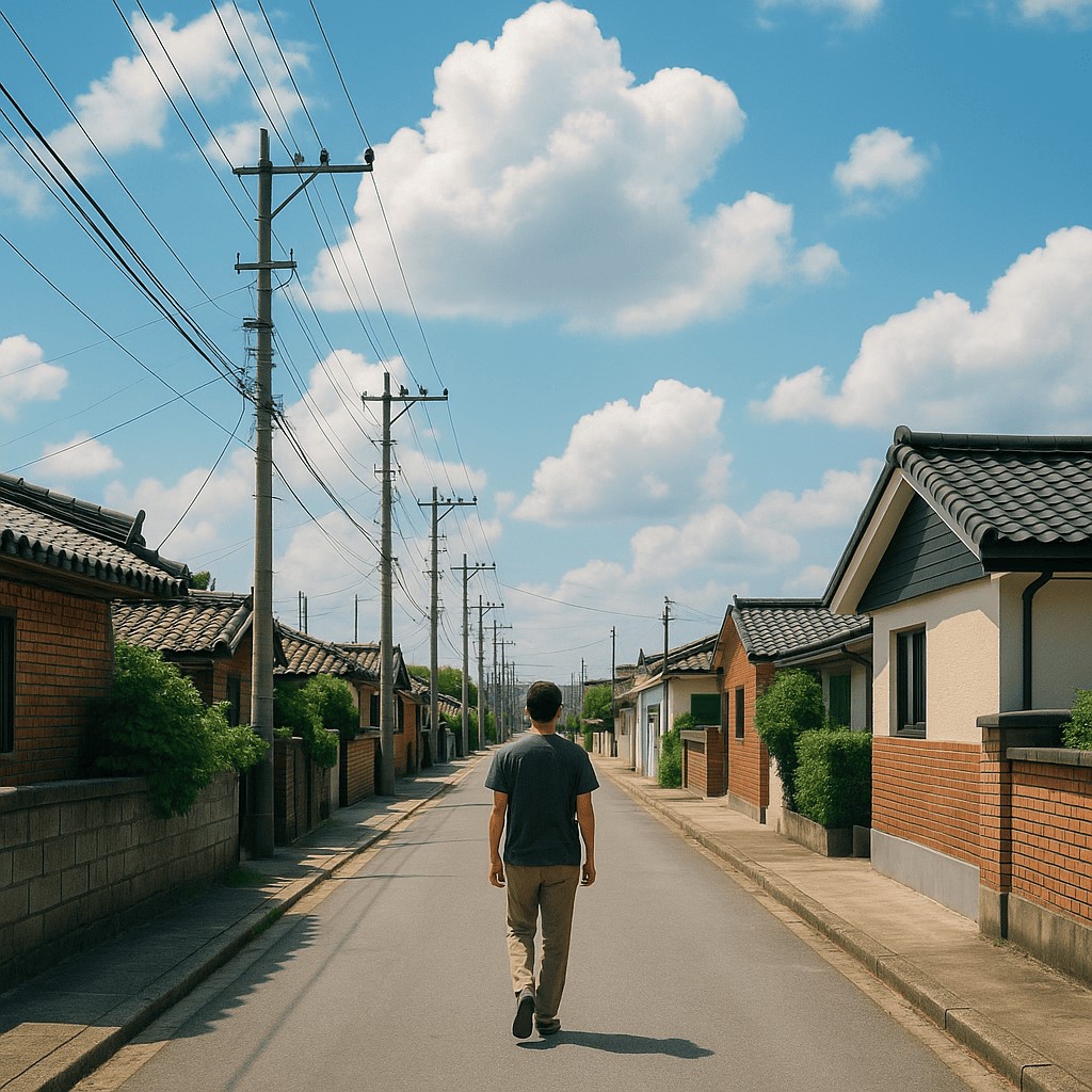 아침 햇살 받으며 산책하는 사람 이미지
