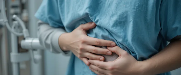 검사 직전 위내시경 금식시간 중 배를 짚고 불편함을 호소하는 남성의 모습