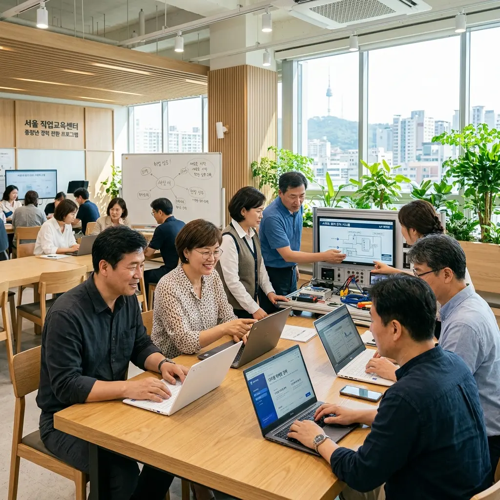 2026년 서울시 중장년 취업사관학교에서 최신 디지털 기술과 실무 교육을 수강하며 재취업을 준비하는 서울시민들의 모습.