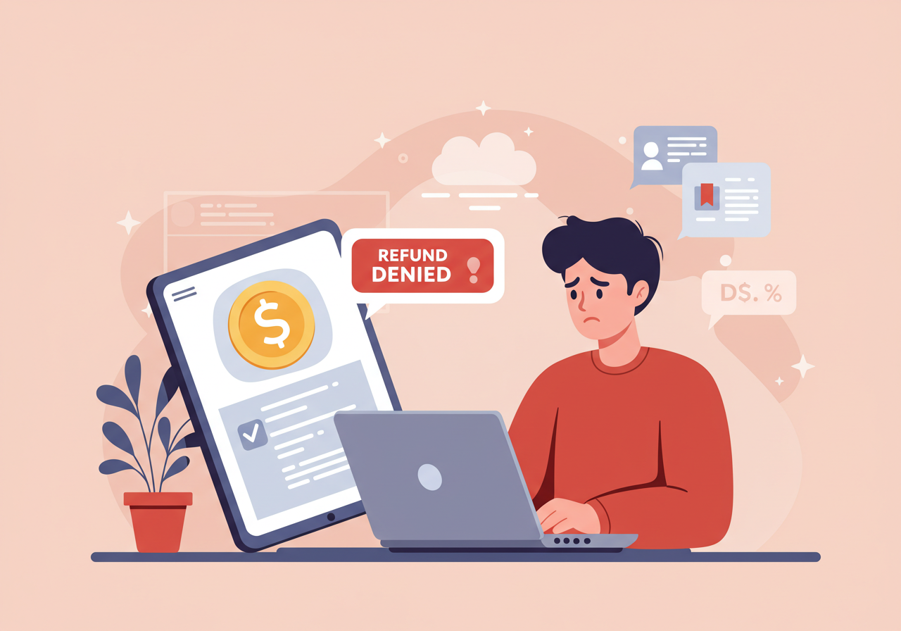 전자책 환불 거절 메시지를 받은 사용자 일러스트