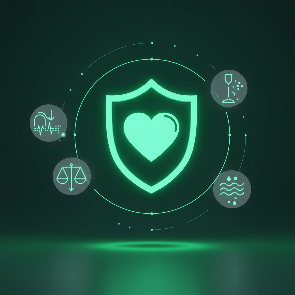 보호막으로 감싸인 심장과, 혈압 강하, 콜레스테롤 균형, 염증 감소를 나타내는 아이콘들. GLP-1의 심혈관 보호 효과를 상징.