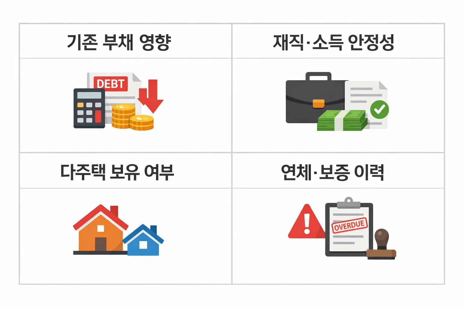 기존부채 재직소득 안정성 다주택 여부 연체보증 이력 등 차주 심사 요소를 정리한 전세대출 규제 분석 이미지