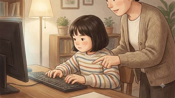 키보드로 타이핑 연습하는 아이