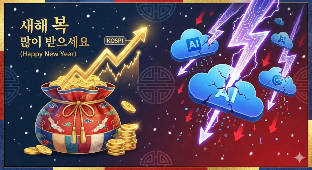 화사한 설날 복주머니 옆으로 금빛 금융주 그래프가 솟아오르고, 반대편에는 AI 번개를 맞고 하락하는 소프트웨어 로고들이 대비되는 명절 느낌의 증시 썸네일
