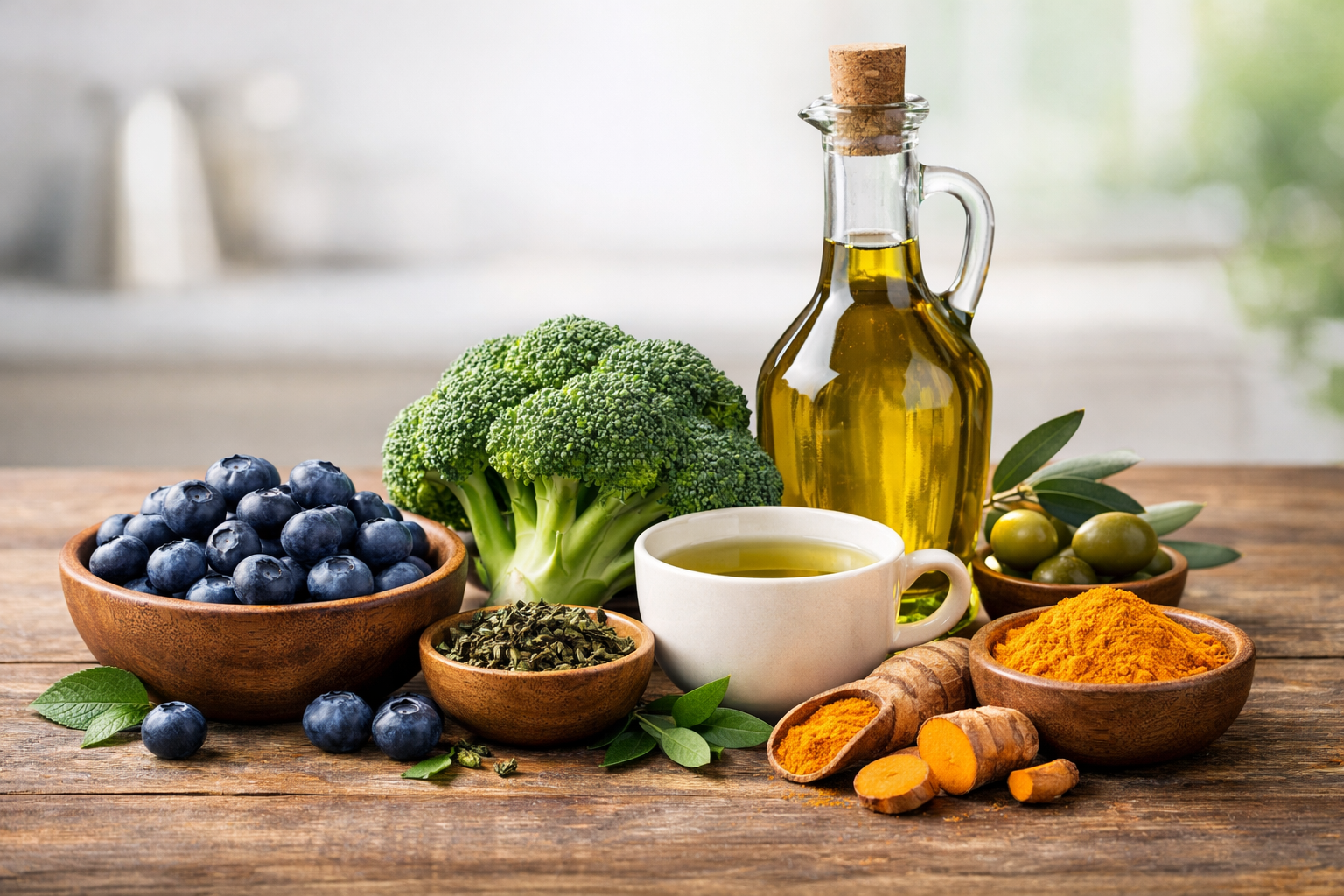 블루베리 브로콜리 녹차 올리브오일 강황 항산화 식품 구성 이미지