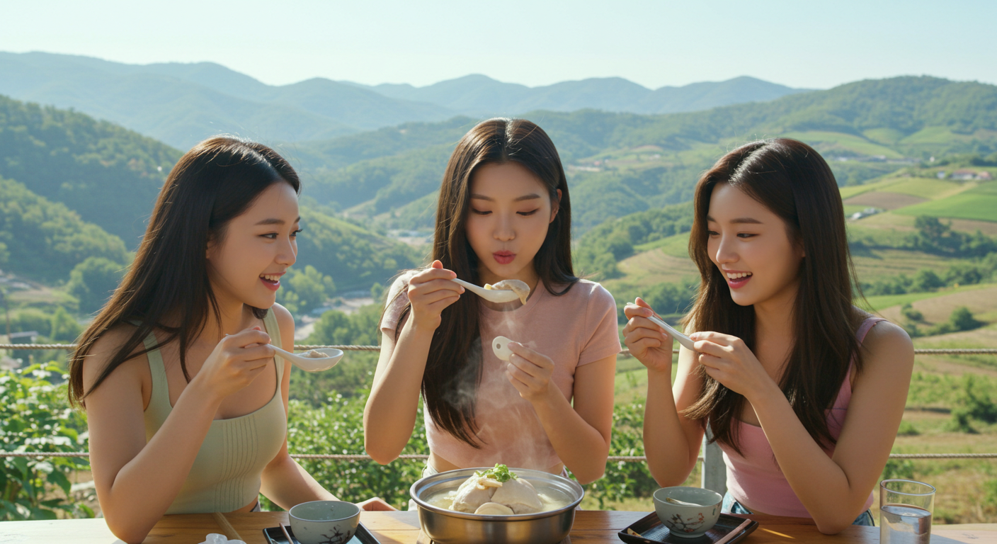 산 옆의 식당에서 식사하는 여자들