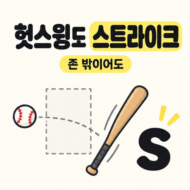 헛스윙도 스트라이크라는 제목과 존 밖이어도라는 문구 아래 점선 판정 공간, 야구공, 배트와 큰 S를 배치한 그림