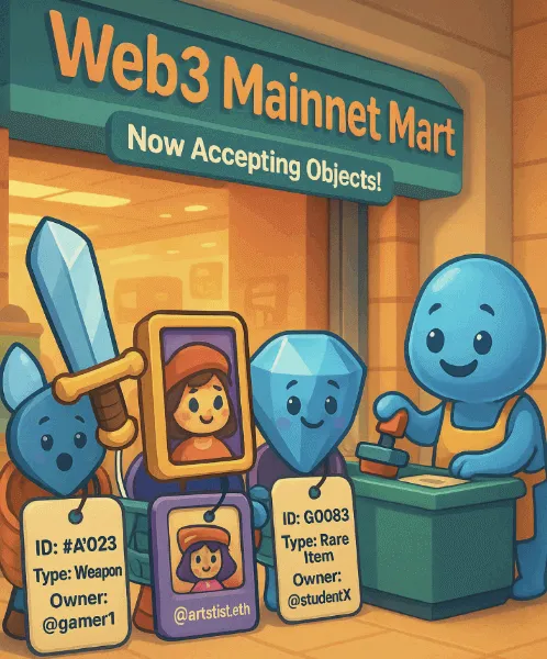 SUI 객체들이 Web3 마트 앞에서 줄을 서며 입장을 기다리는 픽사풍 일러스트 이미지. 각 객체(검, NFT, 보석)는 ID, 타입, 소유자 정보를 태그로 표시하고 있으며, 'Your turn is coming. Just wait... in parallel'이라는 문구와 함께 SUI의 병렬 처리 구조와 실사용 가능성을 유쾌하게 풍자하고 있음 (SUI objects in queue, Web3 DApp onboarding, parallel processing)