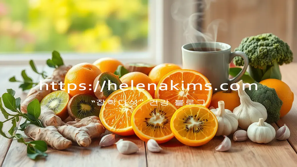 나무 탁자 위에 생강, 귤, 키위, 오랜지, 마늘, 브로콜리 등이 따뜻한 차 한잔과 함께 놓여 있는 이미지.