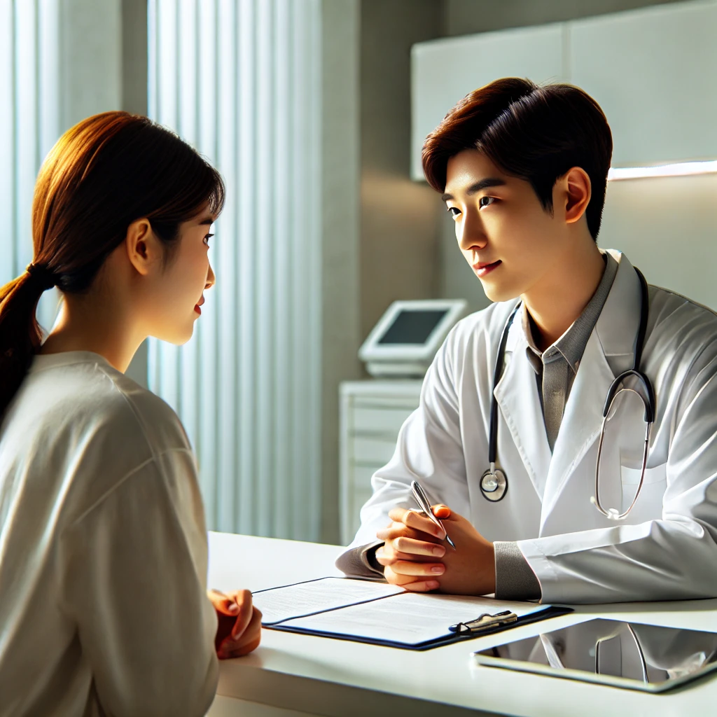 곰팡이균으로 인해 의사와 상담하고 있는 여성