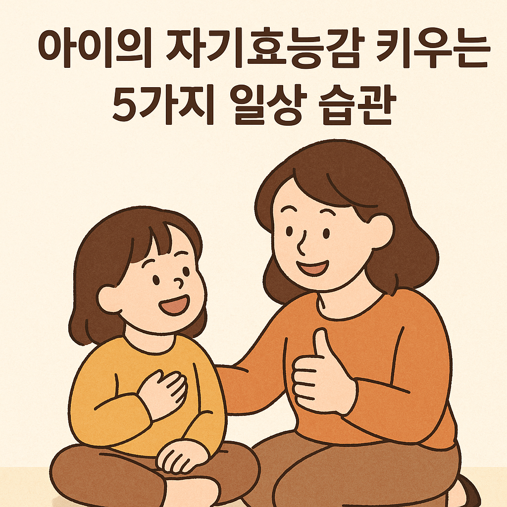따뜻한 미소를 짓는 엄마와 여자아이가 마주 앉아 대화를 나누는 장면으로, 아이의 자기효능감을 키우는 긍정적인 일상 교육을 상징하는 감성 이미지.