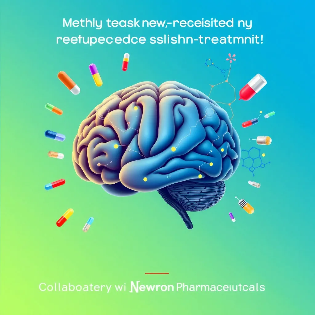 뇌 이미지, 신경 회로 등 조현병 치료제의 혁신성을 상징하는 요소를 사용하여 명인제약의 파이프라인 다양성을 보여줍니다.