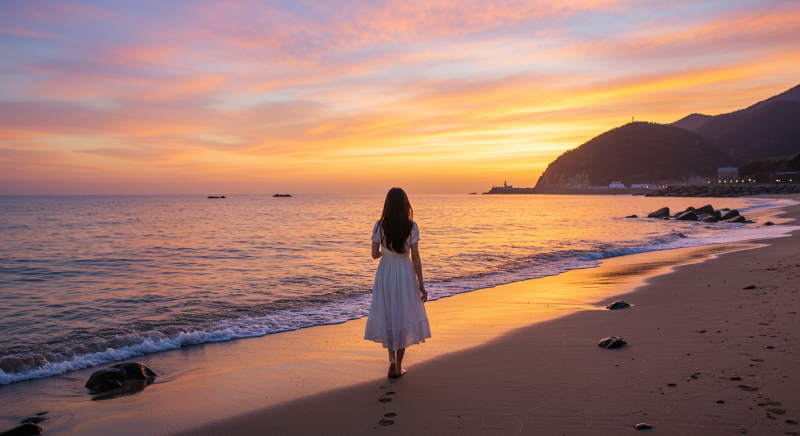 노을이 물드는 사계리 바닷길을 맨발로 걷는 한국 여성