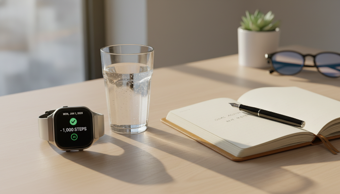 성공적인 루틴 관리를 돕는 스마트워치와 기록 노트가 있는 아침 풍경