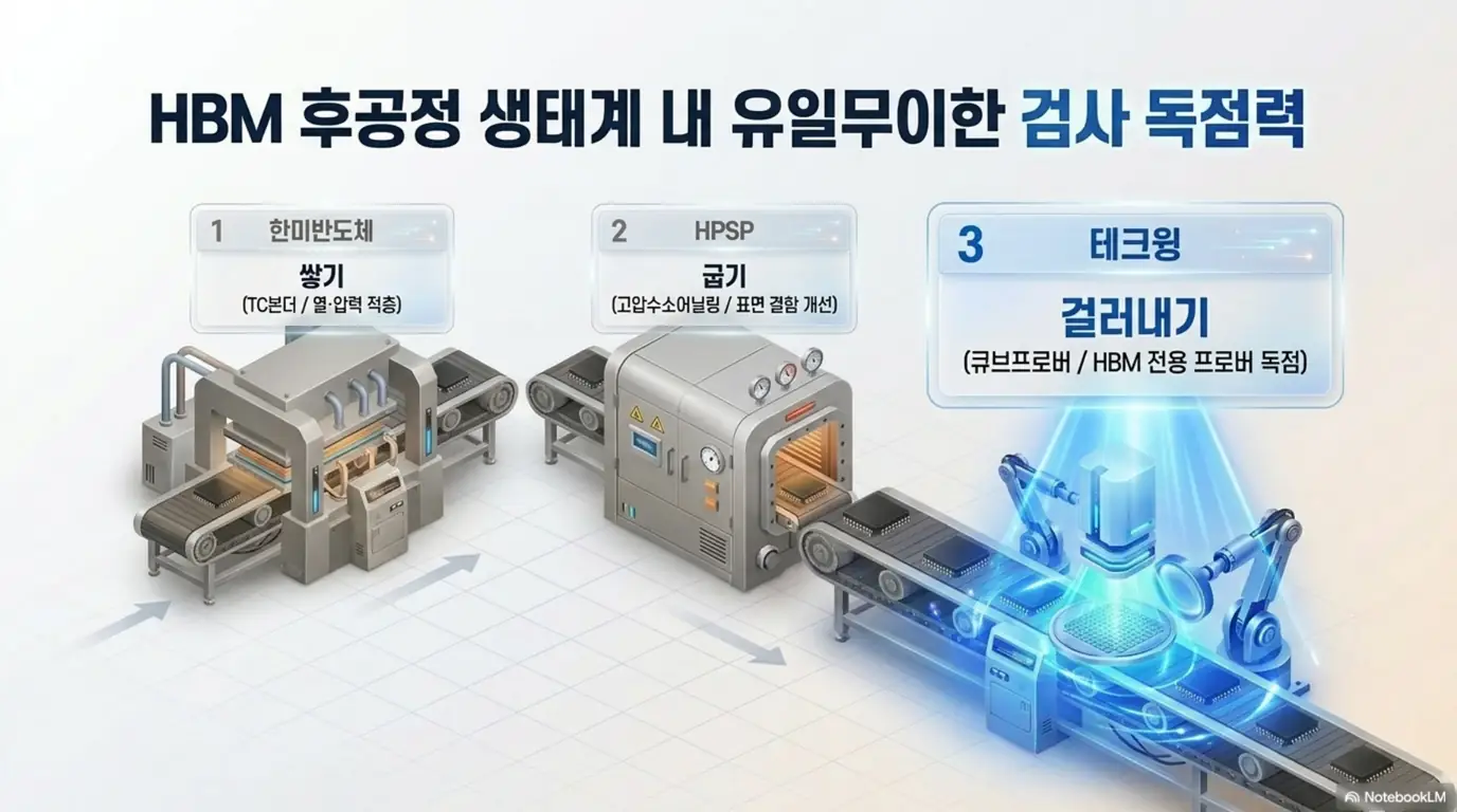 테크윙 주가 전망: HBM 후공정 생태계에서 테크윙의 검사 독점력을 정리한 이미지. 한미반도체의 쌓기(TC본더)&amp;#44; HPSP의 굽기(고압수소어닐링)&amp;#44; 테크윙의 걸러내기(큐브프로버 HBM 전용 프로버 독점)로 역할이 나뉘는 분업 구조를 시각적으로 전달하며&amp;#44; 테크윙 종목 분석 주제를 설명함