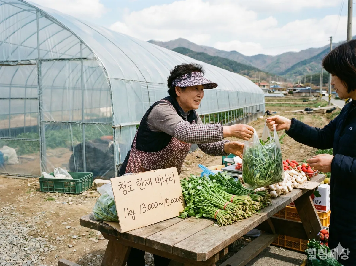 청도 현지 미나리 판매장 전경과 가격표, 거래하는 모습