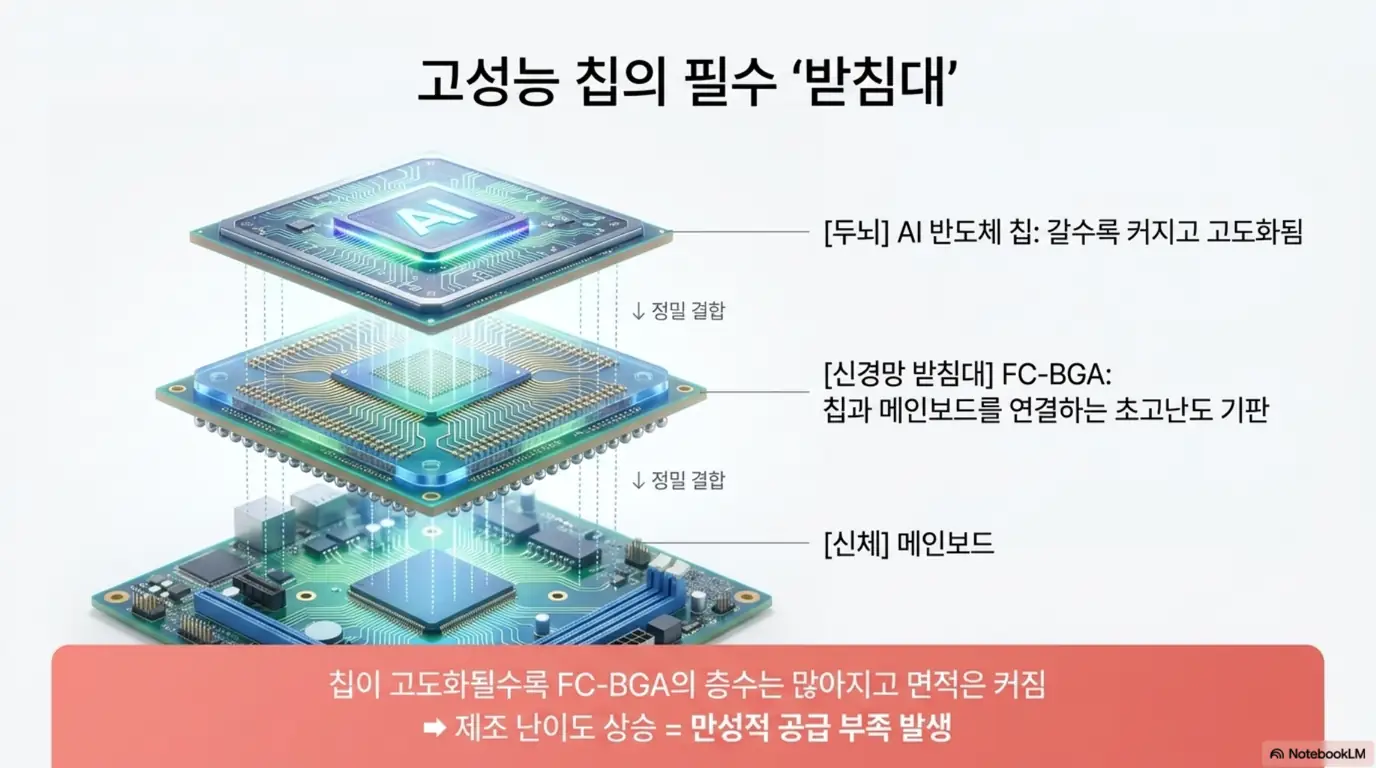 LG이노텍 주가 전망: '고성능 칩의 필수 받침대'라는 문구가 포함된 이미지. AI 반도체 칩과 메인보드를 연결하는 FC-BGA 기판의 구조와, 칩이 고도화될수록 제조 난이도가 올라가 만성적 공급 부족이 생기는 원리를 시각적으로 전달하며, 블로그의 LG이노텍 주가 전망과 관련된 내용을 설명함