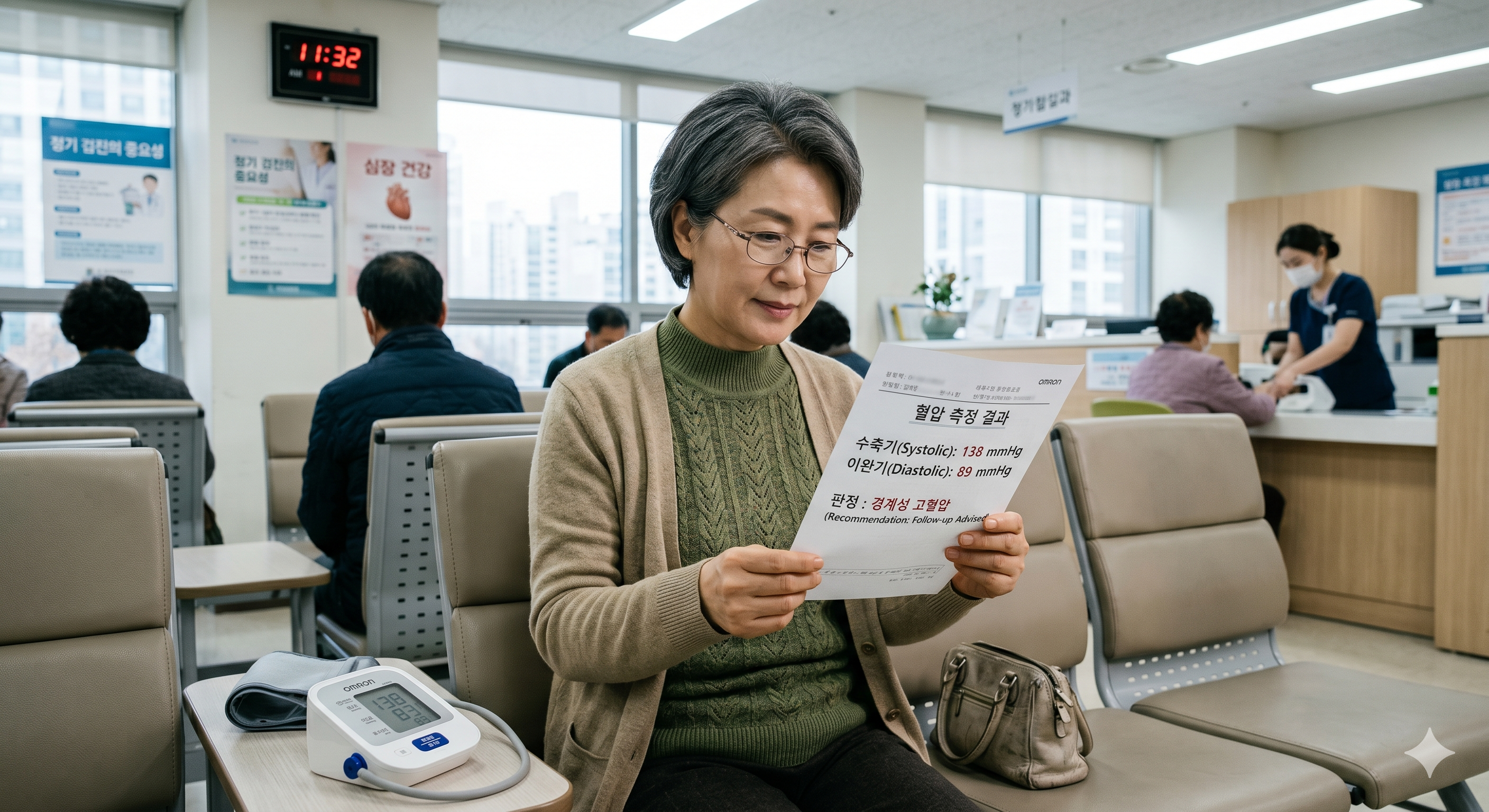 혈압 측정 결과지 확인하는 중년 여성 모습