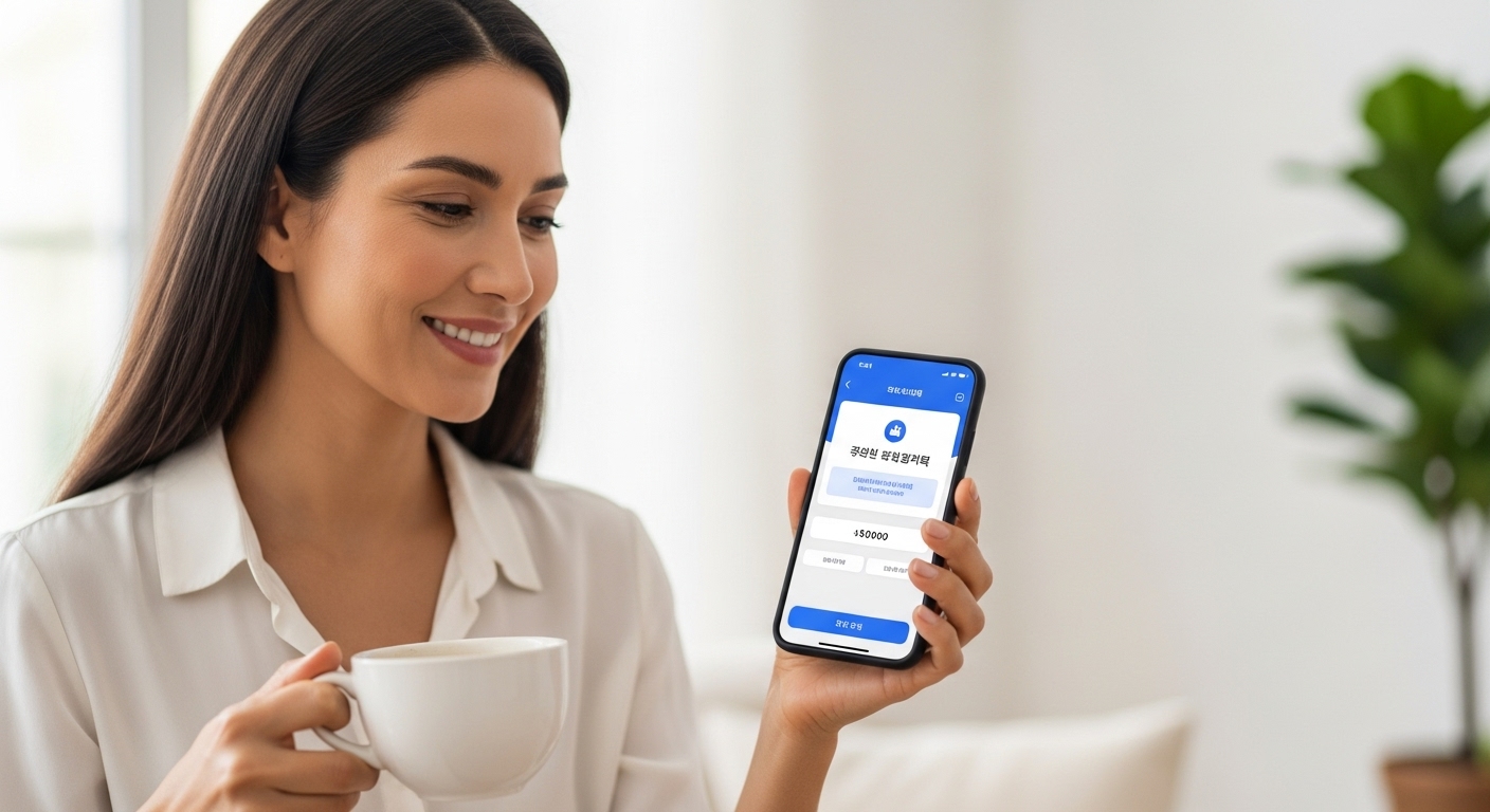 스마트폰으로 세금 환급 완료 메시지를 확인하며 기뻐하는 한국인 여성. 간편한 환급금 수령 과정을 나타냅니다.