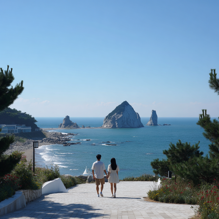 푸른 하늘 아래 아름다운 동해 바다와 해안 산책로를 걷는 커플
