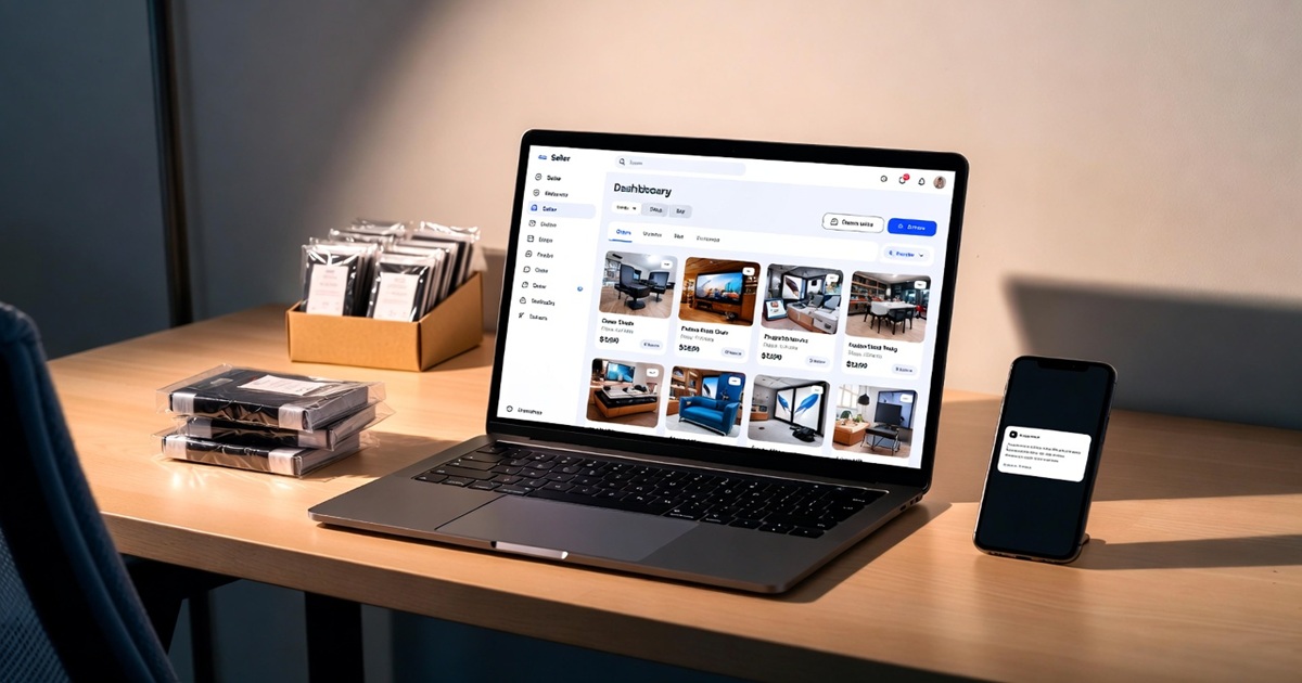 쿠팡 로켓그로스 셀러가 노트북으로 상품을 등록하고 테무 소싱 샘플을 정리하는 홈오피스 책상 모습