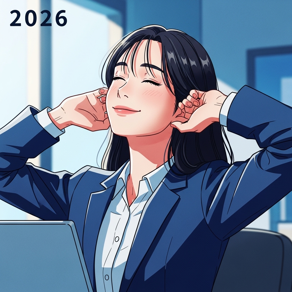 2026년 새해를 맞아 차분하고 활기찬 모습으로 미소 짓는 20대 여성 직장인, 멘탈 관리의 중요성을 나타내는 이미지