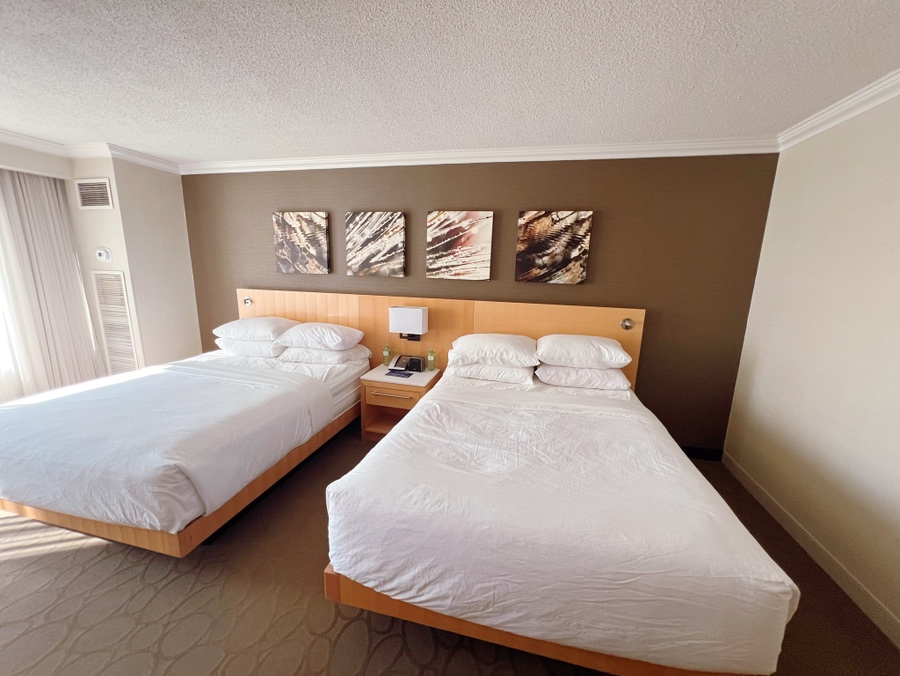 Two queen beds in upgraded room at Delta Hotels London