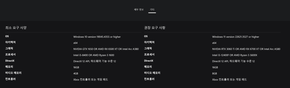 포르자 호라이즌6 PC 최소 사양 권장 사양 비교 화면