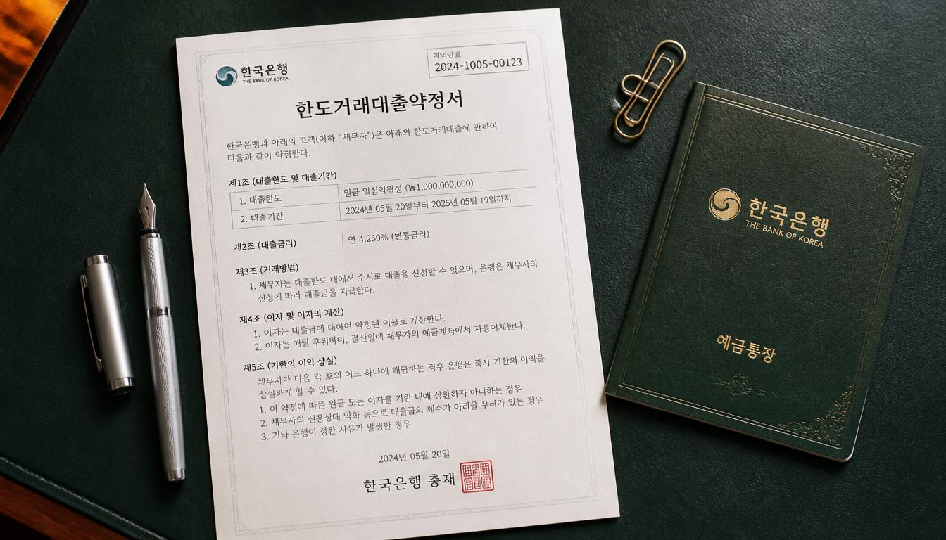 묵직한 다크 그린 가죽 데스크 매트 위에 정갈하게 인쇄된 은행 한도거래대출 약정서 서류와 종이 통장, 고급스러운 황동 클립, 은색 만년필이 정갈하게 놓여 있는 금융 계약 정물 컷.