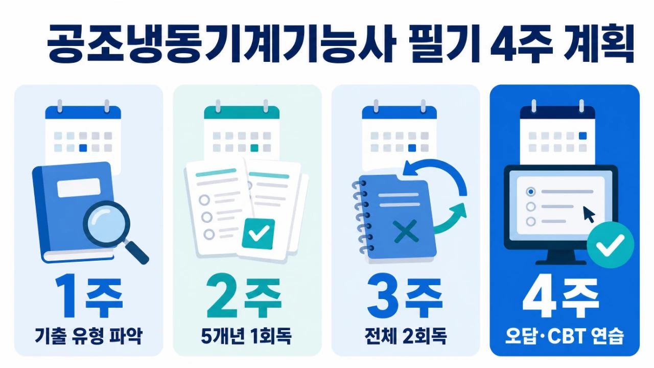 공조냉동기계기능사 필기 기출문제 4주 공부계획을 주차별로 정리한 이미지