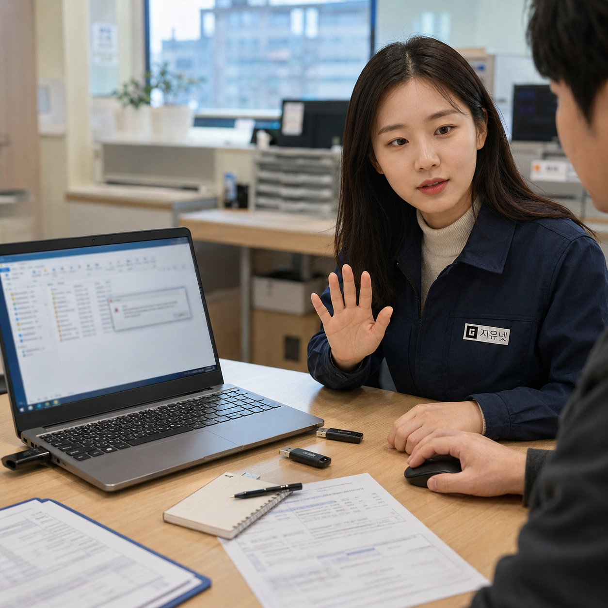 사무실 책상에서 USB 파일이 열리지 않아 노트북 화면과 USB 연결 상태를 확인하는 장면