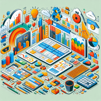 다양한 컴퓨터 화면과 함께 사용되는 아이콘들이 데이터 분석 및 작업 환경을 나타냅니다.