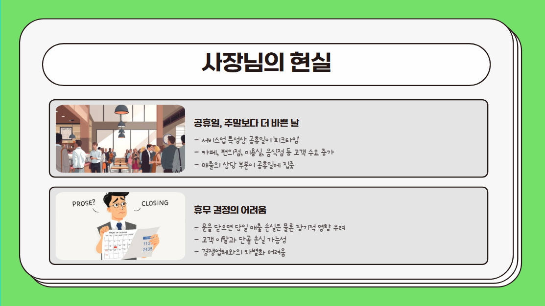 현실은? 쉬고 싶어도 못 쉬는 사장님들