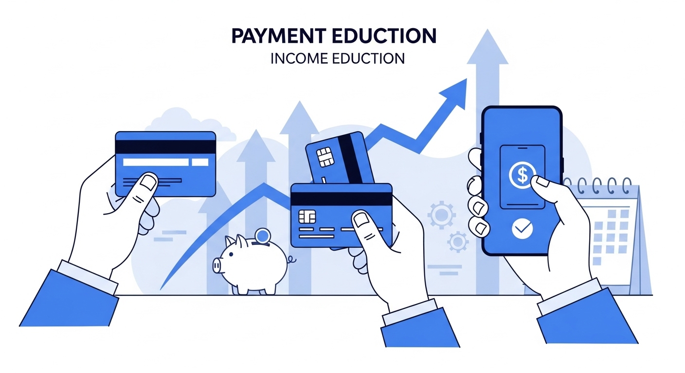 신용카드, 체크카드, 현금영수증 등 다양한 결제 수단을 활용한 소득공제 혜택을 보여주는 그래픽 이미지.