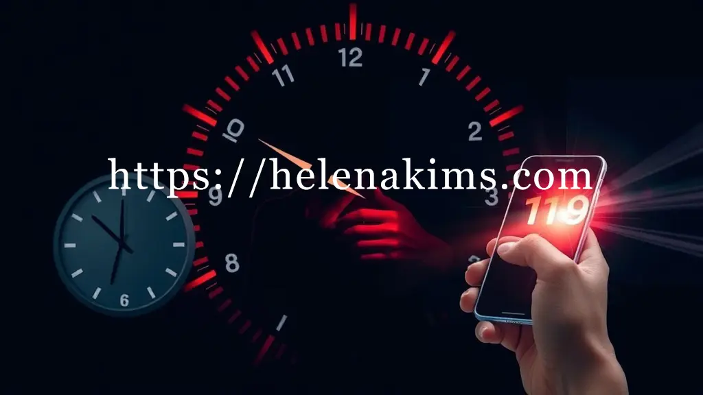 어두운 배경 중앙에 고통스럽게 가슴을 부여잡고 힘겨워하는 사람의 실루엣, 이 실루엣 주변으로는 골든타임을 상징하는 빠르게 회전하는 시계 바늘과 붉은색 경고등이 점멸하며 긴박감을 고조시키고 동시에, 화면 한쪽에는 손이 휴대폰의 '119' 버튼을 누르는 순간이 위급 상황 시 신속한 대처와 골든타임의 중요성을 극적으로 시각화한 이미지.