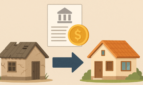 "농촌 빈집 보조금 제도를 표현한 일러스트, 낡은 집이 정부 지원 문서와 보조금을 통해 리모델링되어 새 주택으로 변신하는 모습"