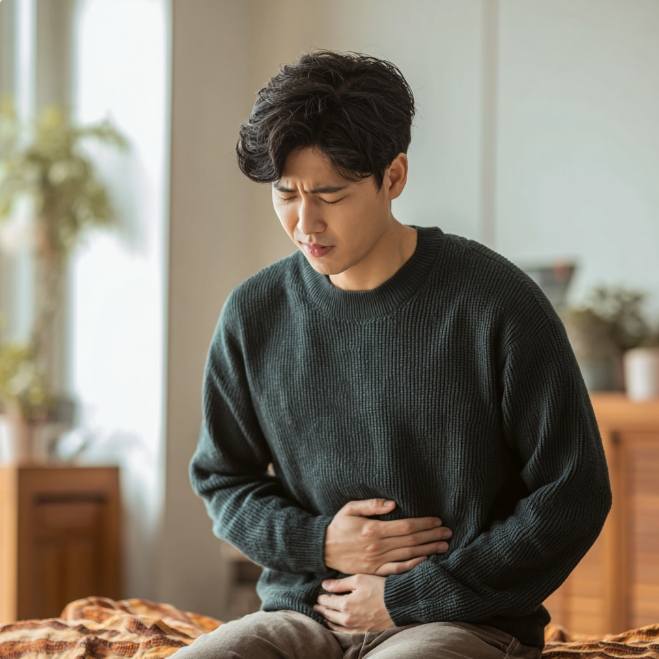 바이러스로 배가 아픈 남성