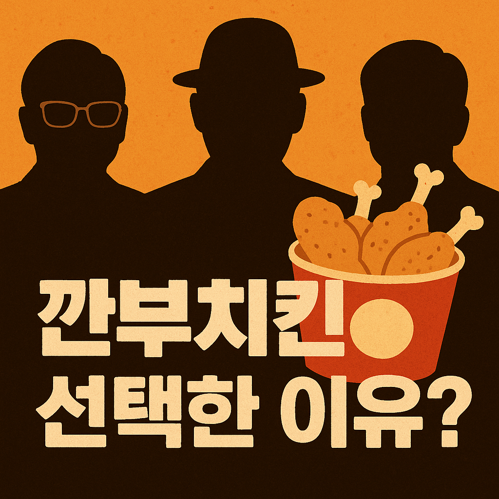 "3명의 기업 총수를 상징하는 실루엣과 치킨 버킷이 함께 배치된, '깐부치킨 선택한 이유?'라는 문구의 썸네일 이미지"