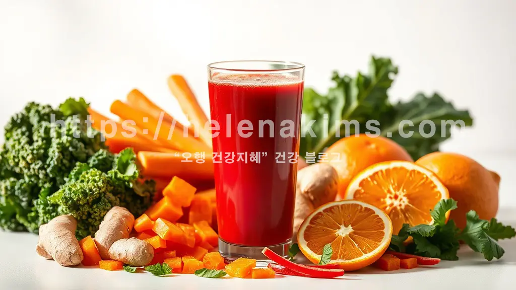 투명한 유리잔에 담긴 신선하고 활력 넘치는 붉은빛 청혈 주스가 중심에 있어요. 주위에는 잘게 썬 사과, 당근, 케일, 생강, 오렌지 등 주스의 재료들이 생생하게 놓여 있습니다.