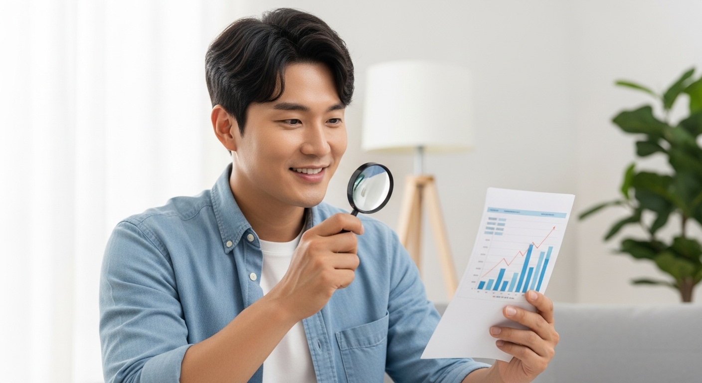 확대경으로 금융 정보를 꼼꼼히 살펴보는 한국인 남성이 스마트한 ISA 투자 선택으로 성공적인 재테크를 이룬 듯 만족스러운 표정을 짓고 있습니다.
