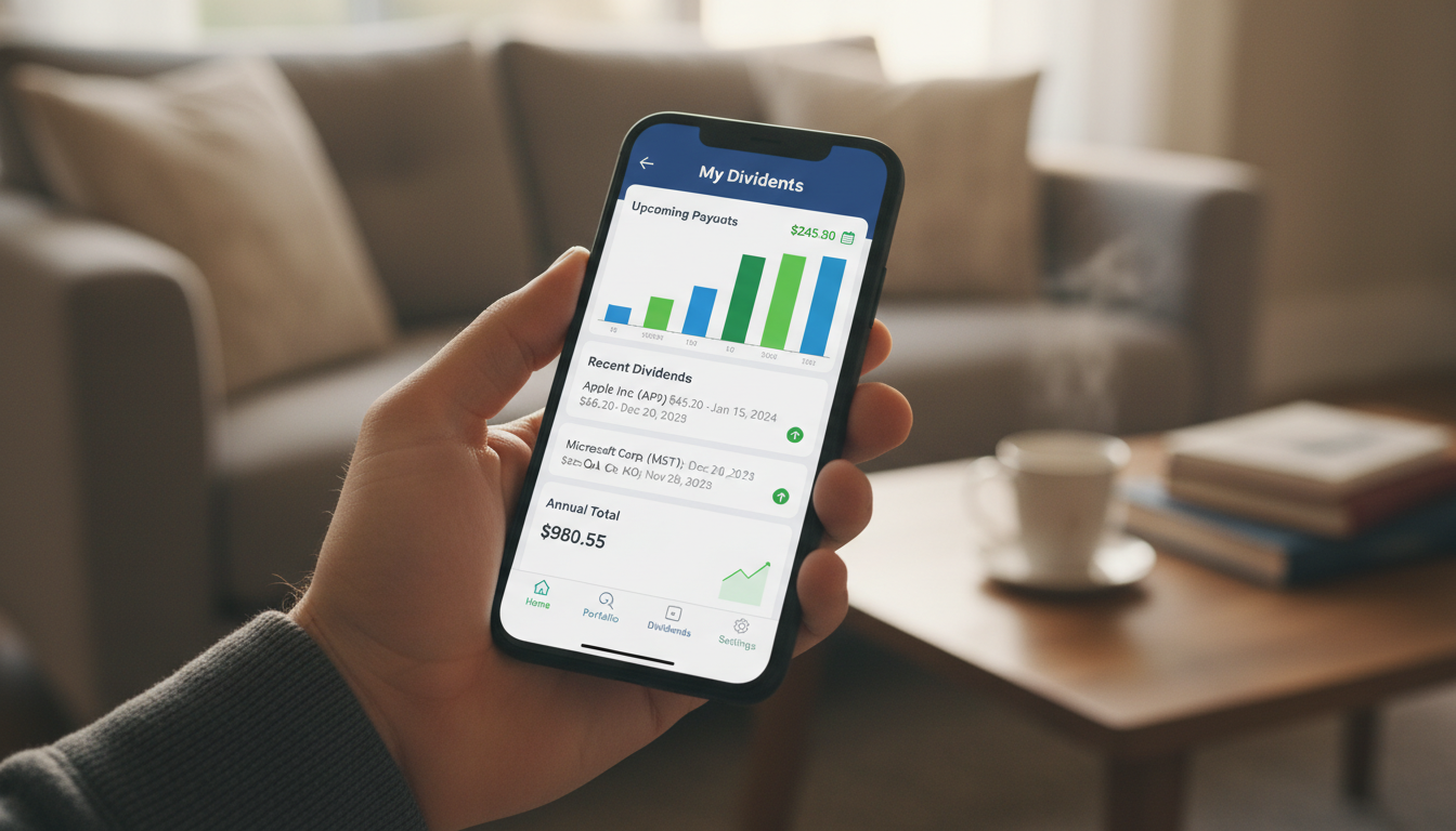 스마트폰 증권사 앱을 통해 자신의 주식 배당금 내역을 편리하게 확인하는 화면.