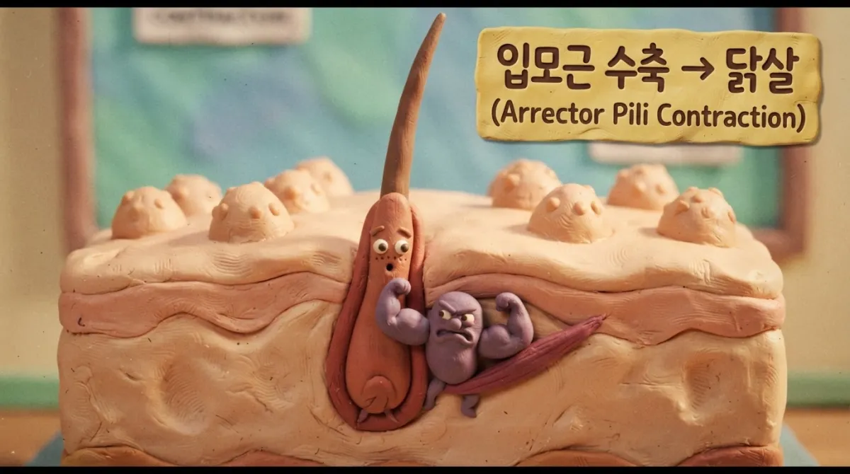 "모낭과 입모근(털세움근)의 수축 과정을 클레이 애니메이션으로 보여주는 과학 인포그래픽. 모낭 옆의 작은 근육 캐릭터가 수축하며 피부 표면에 좁쌀 모양의 닭살이 솟아오른 모습"