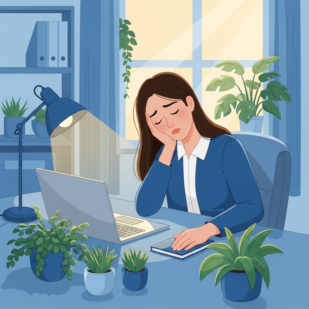 20대 사회초년생이 책상에 앉아 명상하는 모습, 번아웃 예방을 위한 감정 관리를 상징.