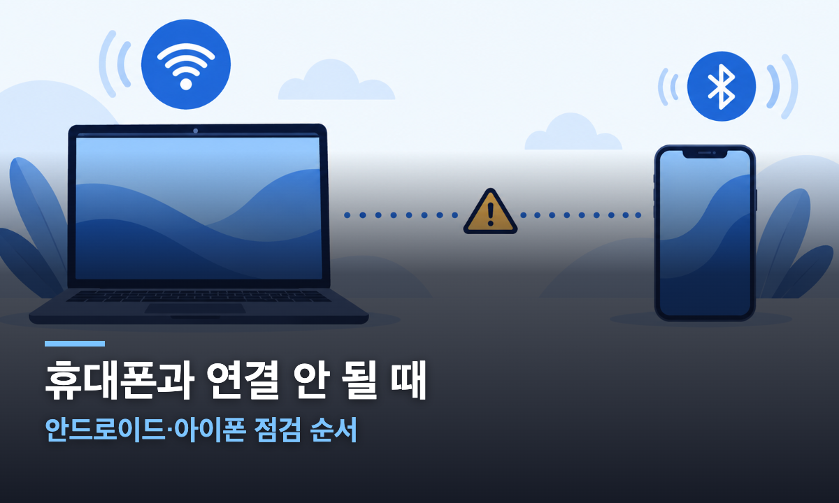 윈도우 휴대폰과 연결 문제 해결 안내 이미지. 노트북과 스마트폰이 점선으로 이어져 있고 가운데 경고 표시와 와이파이·블루투스 아이콘이 있으며 안드로이드·아이폰 점검 순서라고 적혀 있다.