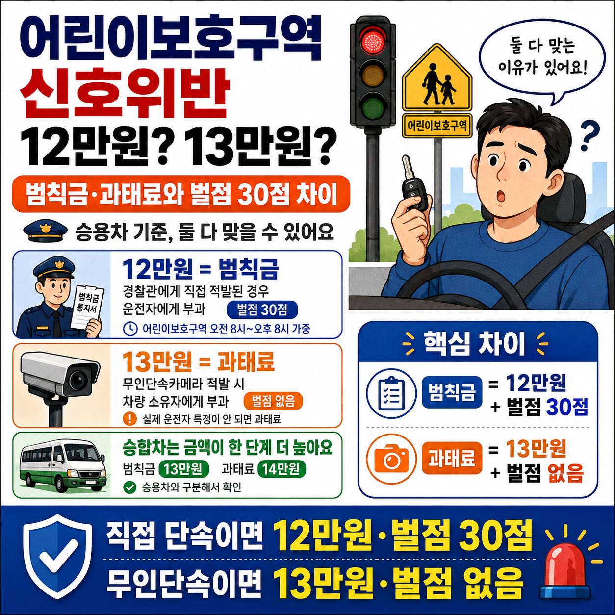 어린이보호구역 신호위반 12만원? 13만원? 범칙금·과태료와 벌점 30점 차이