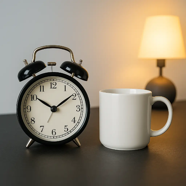 검정색 자명종과 흰색 머그컵, 따뜻한 조명의 스탠드가 있는 스튜디오컷 이미지로, 소상공인의 하루 루틴과 기금 신청의 시간을 상징